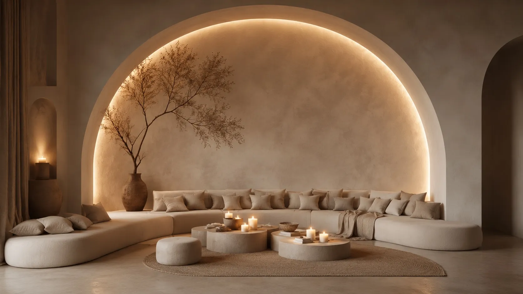 Arched alcove in mineral plaster, lit from a cove, with a low bench seat and candles